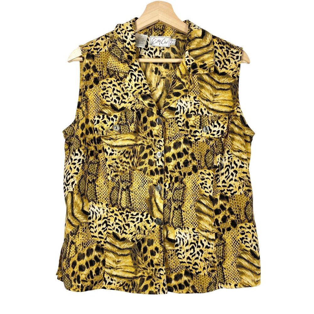 Kathy Che Women's Leopard Print Sleeveless Blouse Orange Black Size 12 Vintage